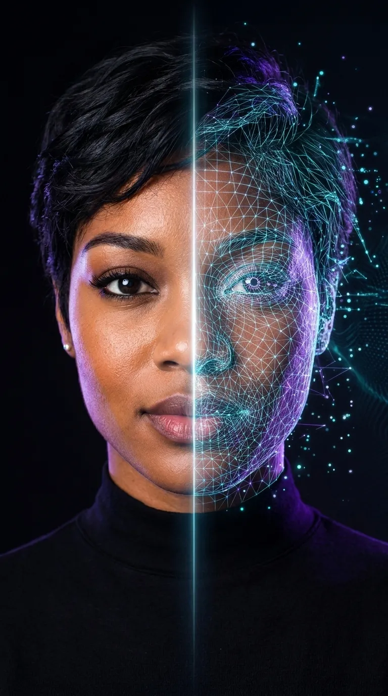 AI digital twin: a real face blending into a wireframe scan